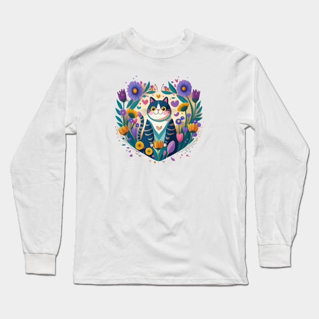 Cat In Heart Shaped Flowers Long Sleeve T-Shirt by SOS@ddicted